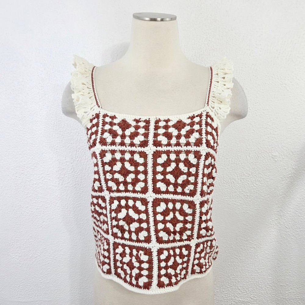 Marine Layer Archive Cora Crochet Tank Brown Cream granny square women's small - Picture 3 of 7